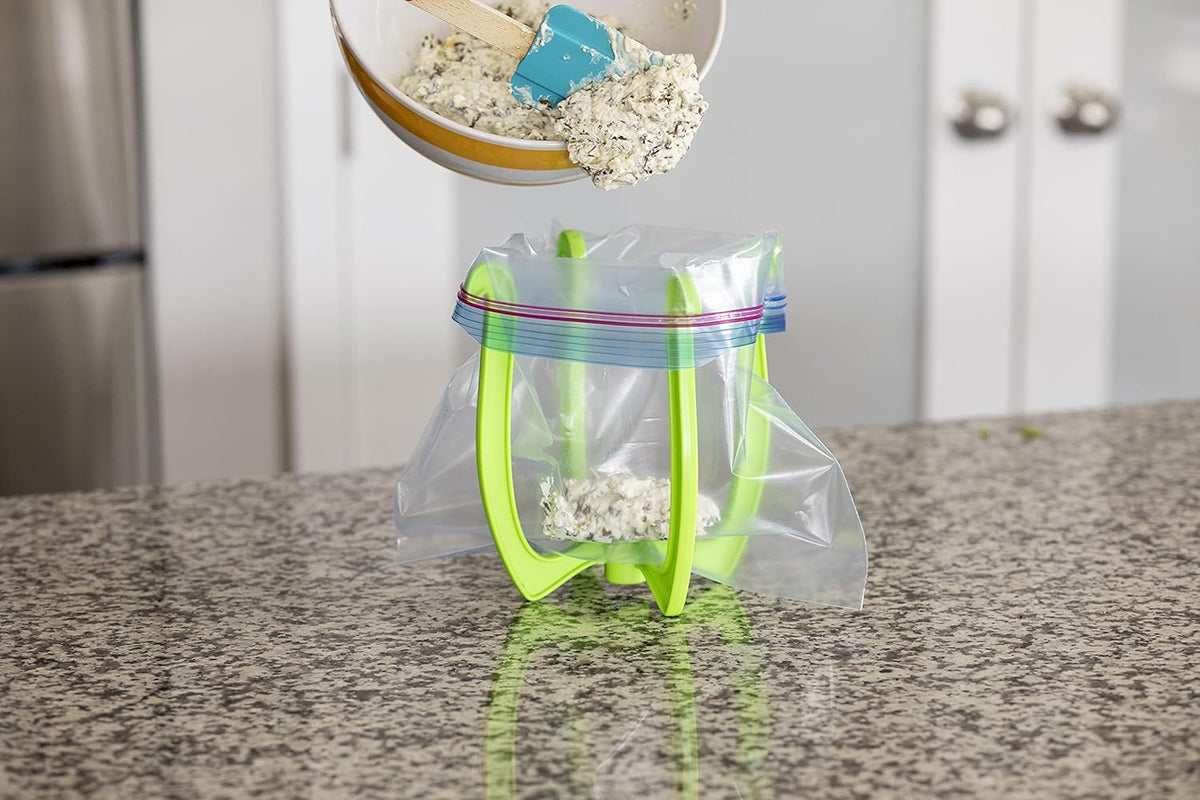 Bag Well Sealable Bag Holder for Gallon Size Food Storage Bags | Keeps bags open with both hands free, speeds up filling for meal prep or leftovers, folds flat to save kitchen space