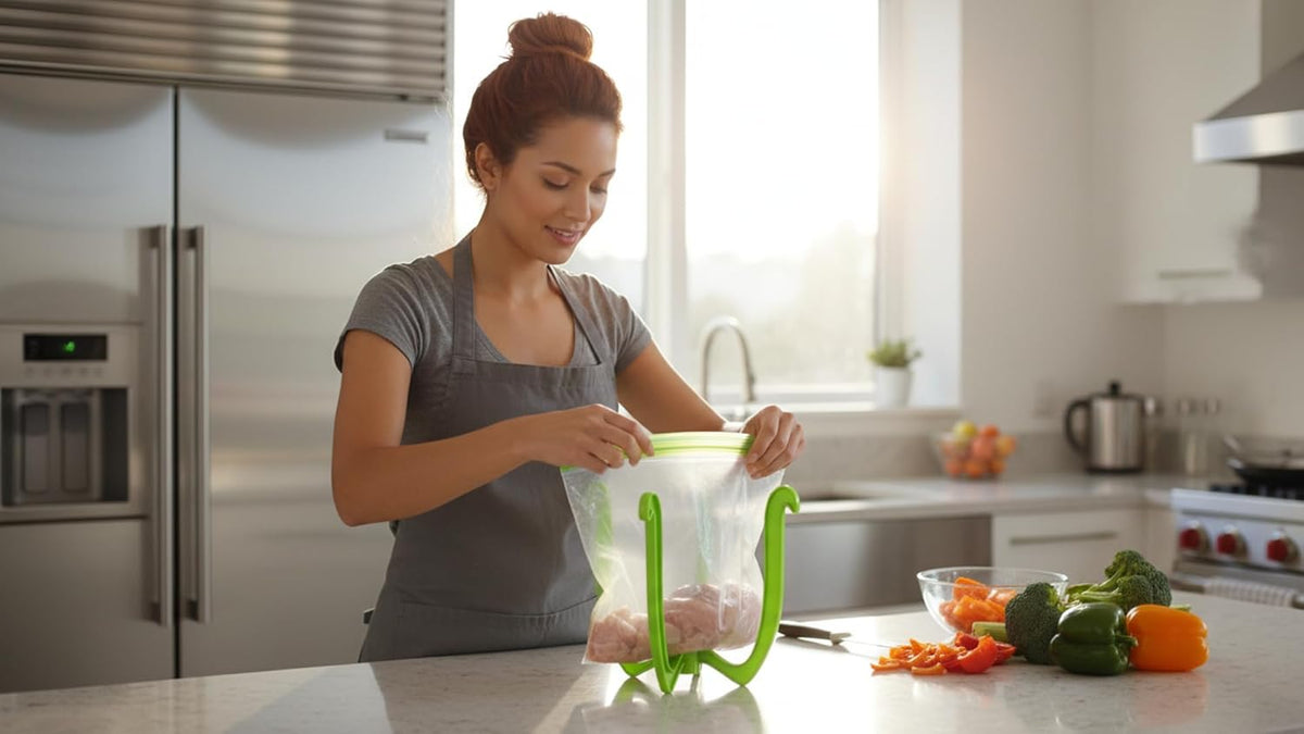 Bag Well Sealable Bag Holder for Gallon Size Food Storage Bags | Keeps bags open with both hands free, speeds up filling for meal prep or leftovers, folds flat to save kitchen space
