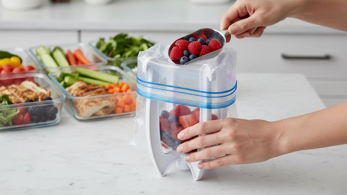 Bag Well Sealable Bag Holder for Gallon Size Food Storage Bags | Keeps bags open with both hands free, speeds up filling for meal prep or leftovers, folds flat to save kitchen space