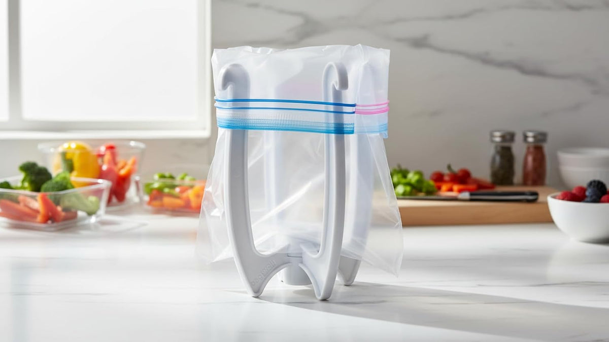Bag Well Sealable Bag Holder for Gallon Size Food Storage Bags | Keeps bags open with both hands free, speeds up filling for meal prep or leftovers, folds flat to save kitchen space