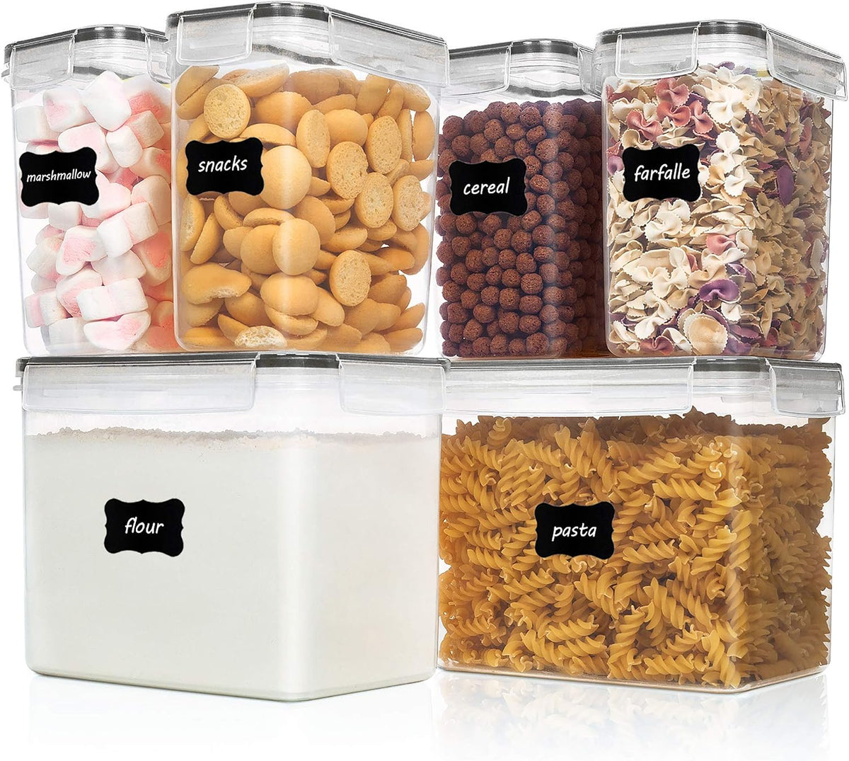 Airtight Food Storage Containers 6 Pieces - Plastic BPA Free Kitchen Pantry Storage Containers for Sugar,Flour and Baking Supplies - Dishwasher Safe - Include 24 Labels, Black