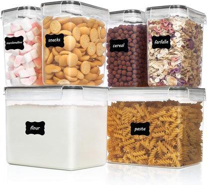 Airtight Food Storage Containers 6 Pieces - Plastic BPA Free Kitchen Pantry Storage Containers for Sugar,Flour and Baking Supplies - Dishwasher Safe - Include 24 Labels, Black