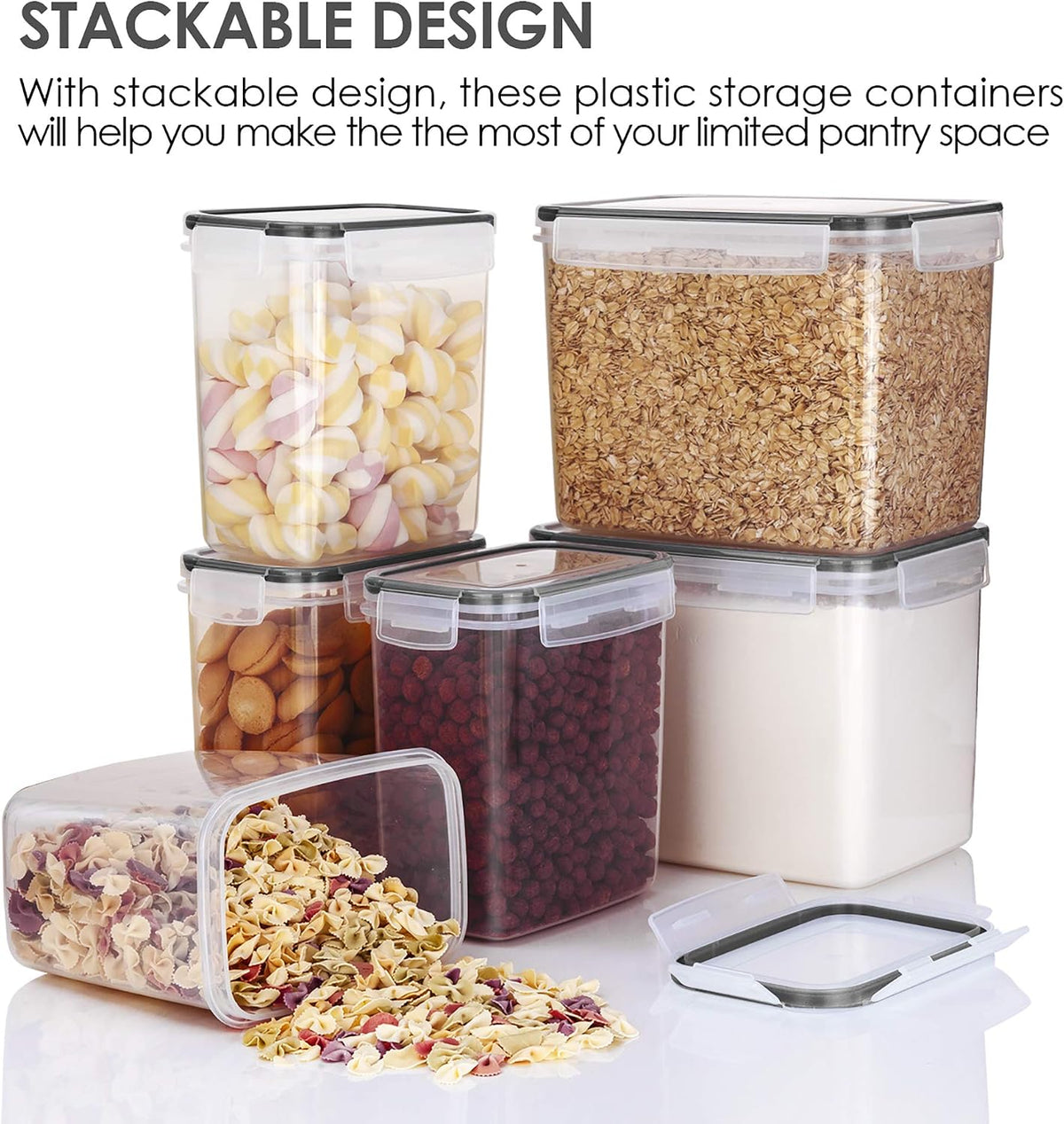 Airtight Food Storage Containers 6 Pieces - Plastic BPA Free Kitchen Pantry Storage Containers for Sugar,Flour and Baking Supplies - Dishwasher Safe - Include 24 Labels, Black