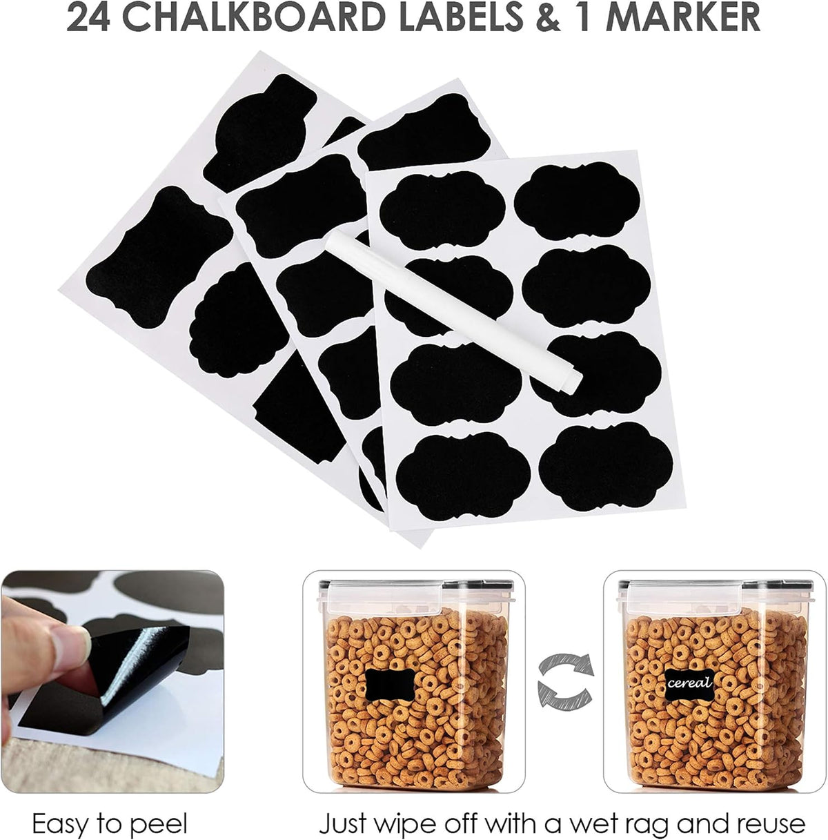 Airtight Food Storage Containers 6 Pieces - Plastic BPA Free Kitchen Pantry Storage Containers for Sugar,Flour and Baking Supplies - Dishwasher Safe - Include 24 Labels, Black