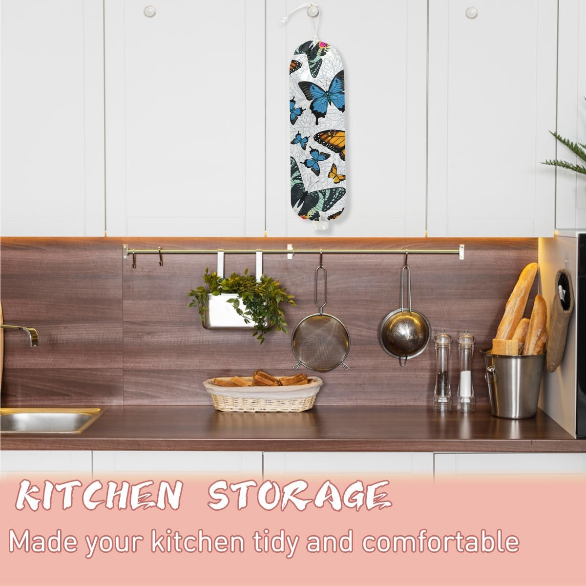 Mushroom Plastic Bag Holder, Christmas Butterfly Gifts for Women Mom Sister | Wall Mount Grocery Bag Holder for Plastic Storage bag, Storage Organizer Reusable Grocery Bags, Pull Rope Free Adjustment