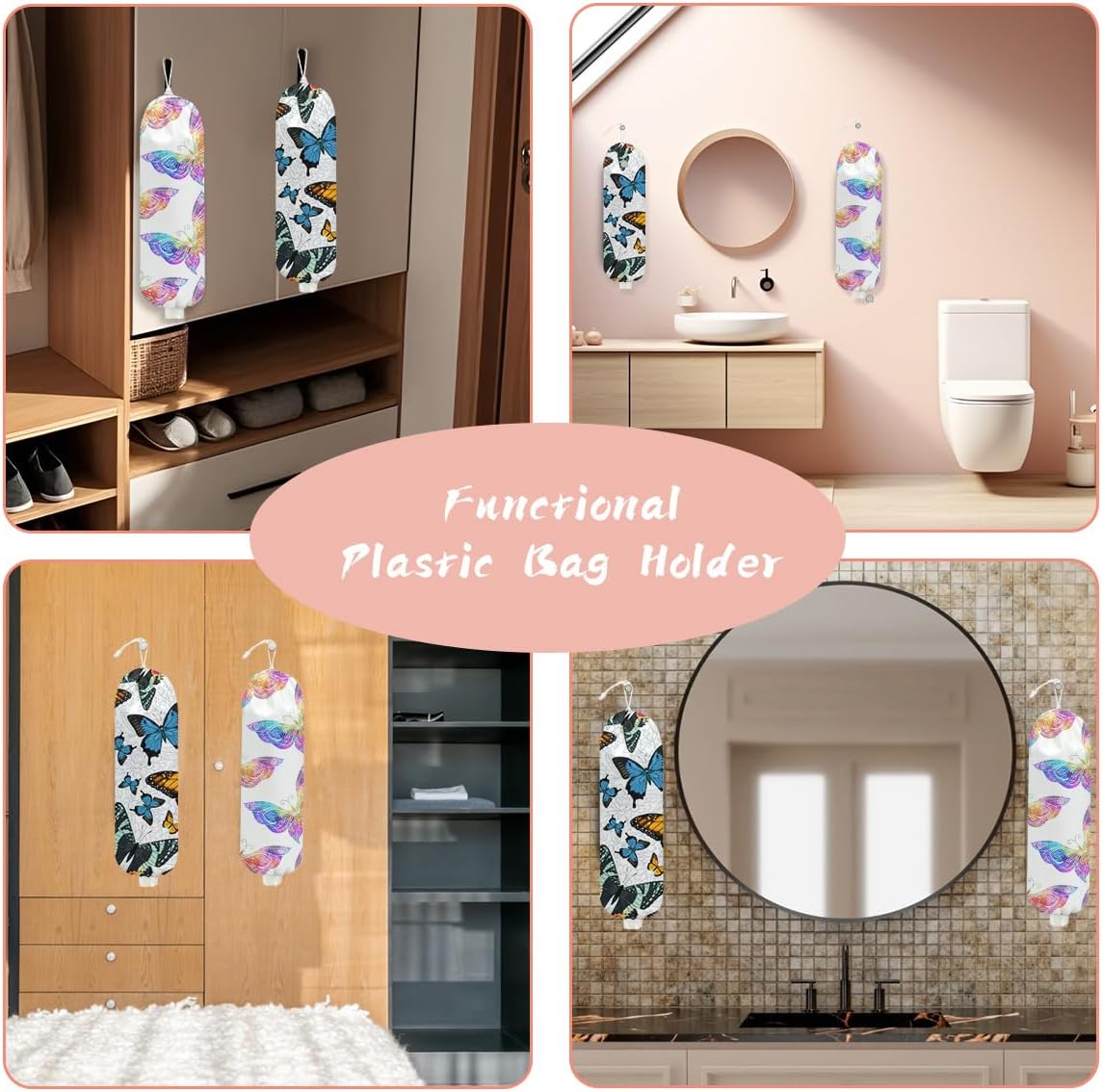 Mushroom Plastic Bag Holder, Christmas Butterfly Gifts for Women Mom Sister | Wall Mount Grocery Bag Holder for Plastic Storage bag, Storage Organizer Reusable Grocery Bags, Pull Rope Free Adjustment