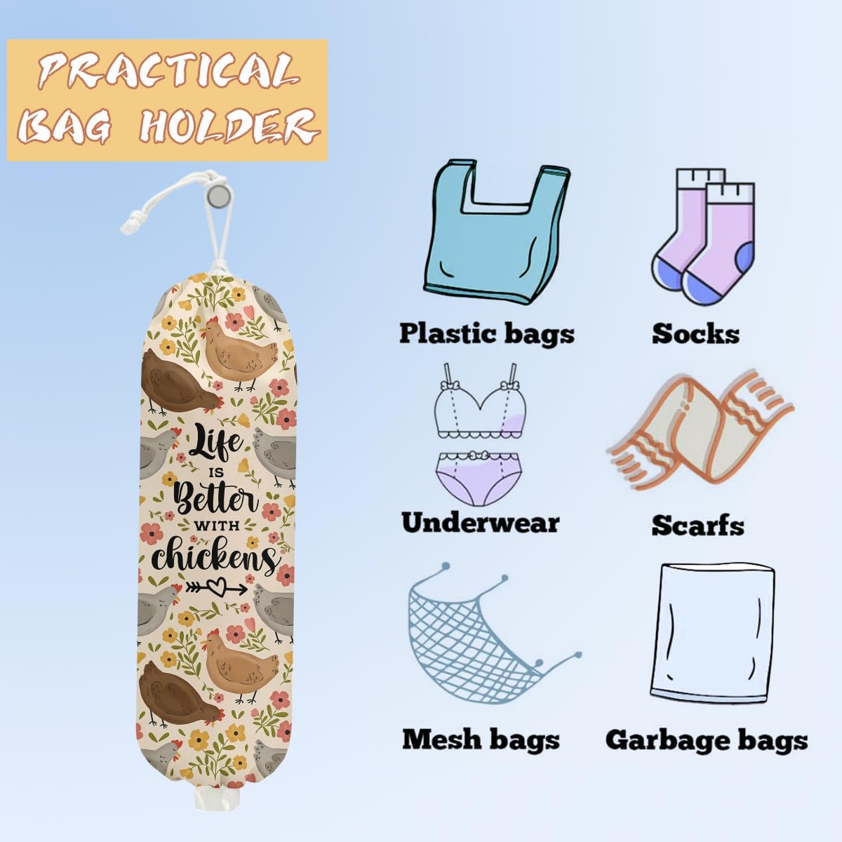 Mushroom Plastic Bag Holder, Christmas Butterfly Gifts for Women Mom Sister | Wall Mount Grocery Bag Holder for Plastic Storage bag, Storage Organizer Reusable Grocery Bags, Pull Rope Free Adjustment