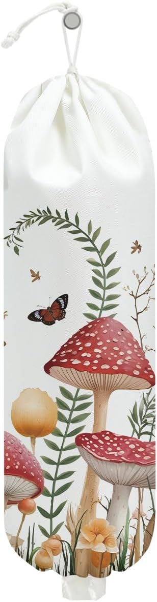 Mushroom Plastic Bag Holder, Christmas Butterfly Gifts for Women Mom Sister | Wall Mount Grocery Bag Holder for Plastic Storage bag, Storage Organizer Reusable Grocery Bags, Pull Rope Free Adjustment