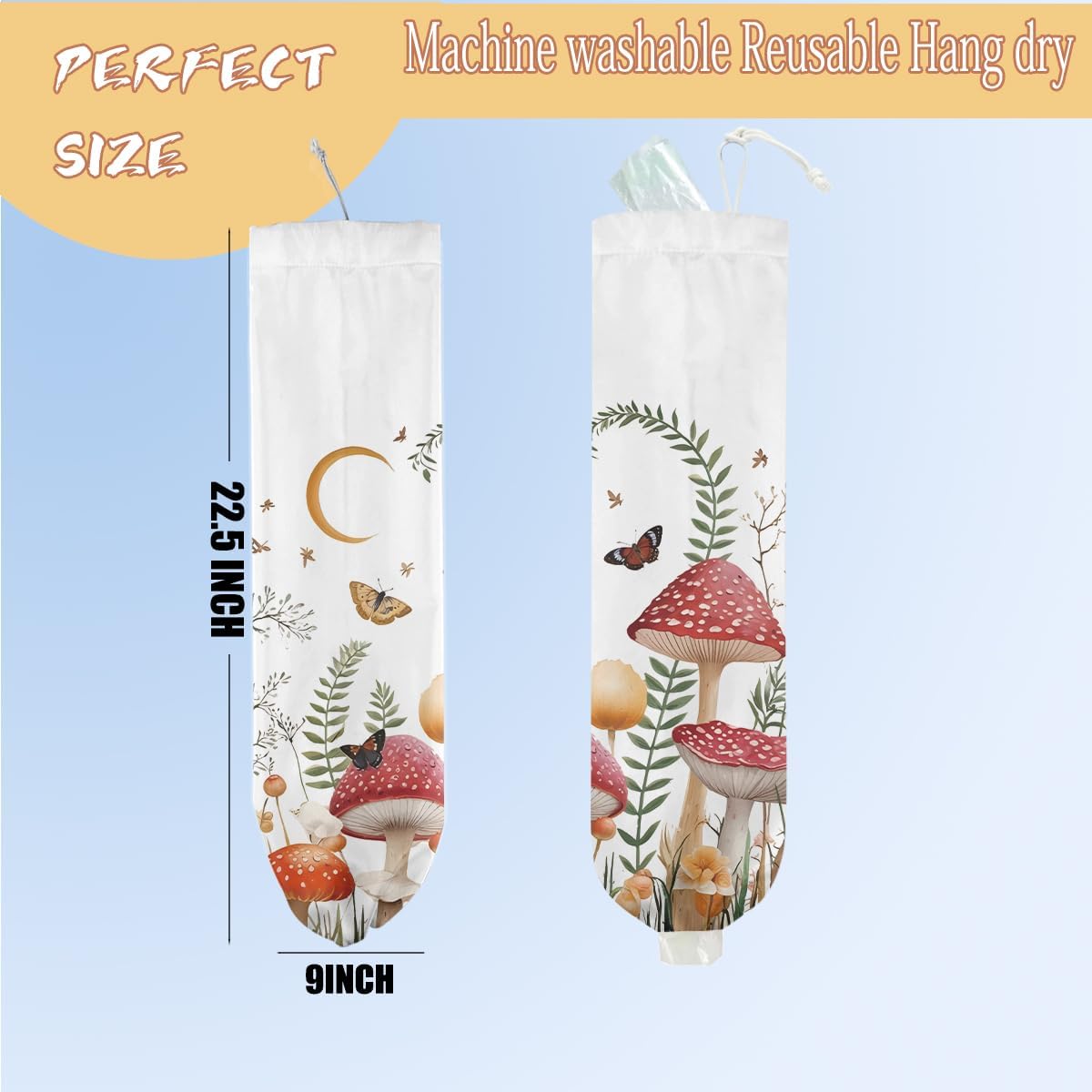 Mushroom Plastic Bag Holder, Christmas Butterfly Gifts for Women Mom Sister | Wall Mount Grocery Bag Holder for Plastic Storage bag, Storage Organizer Reusable Grocery Bags, Pull Rope Free Adjustment