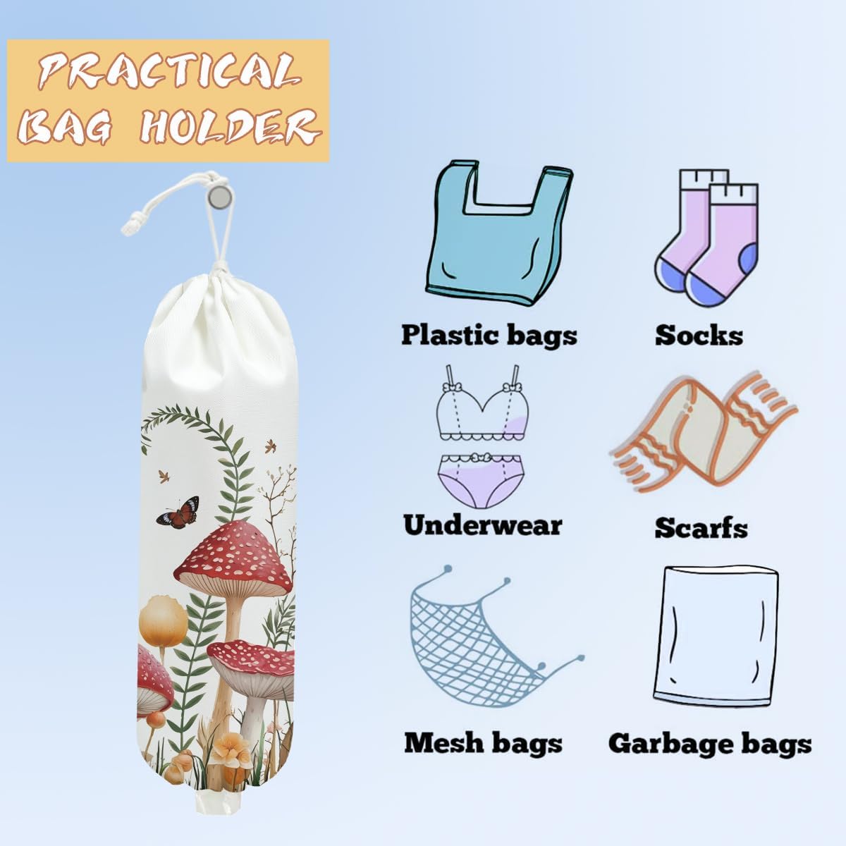 Mushroom Plastic Bag Holder, Christmas Butterfly Gifts for Women Mom Sister | Wall Mount Grocery Bag Holder for Plastic Storage bag, Storage Organizer Reusable Grocery Bags, Pull Rope Free Adjustment