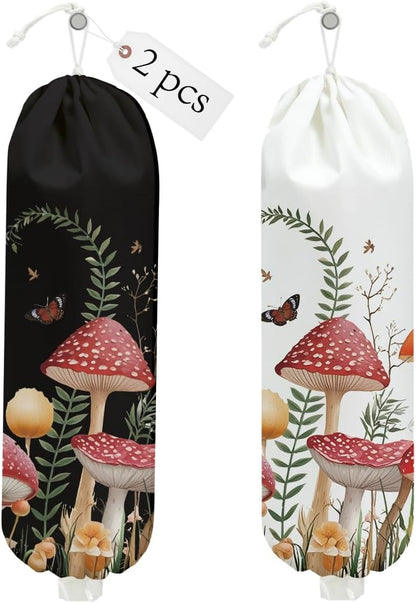 Mushroom Plastic Bag Holder, Christmas Butterfly Gifts for Women Mom Sister | Wall Mount Grocery Bag Holder for Plastic Storage bag, Storage Organizer Reusable Grocery Bags, Pull Rope Free Adjustment