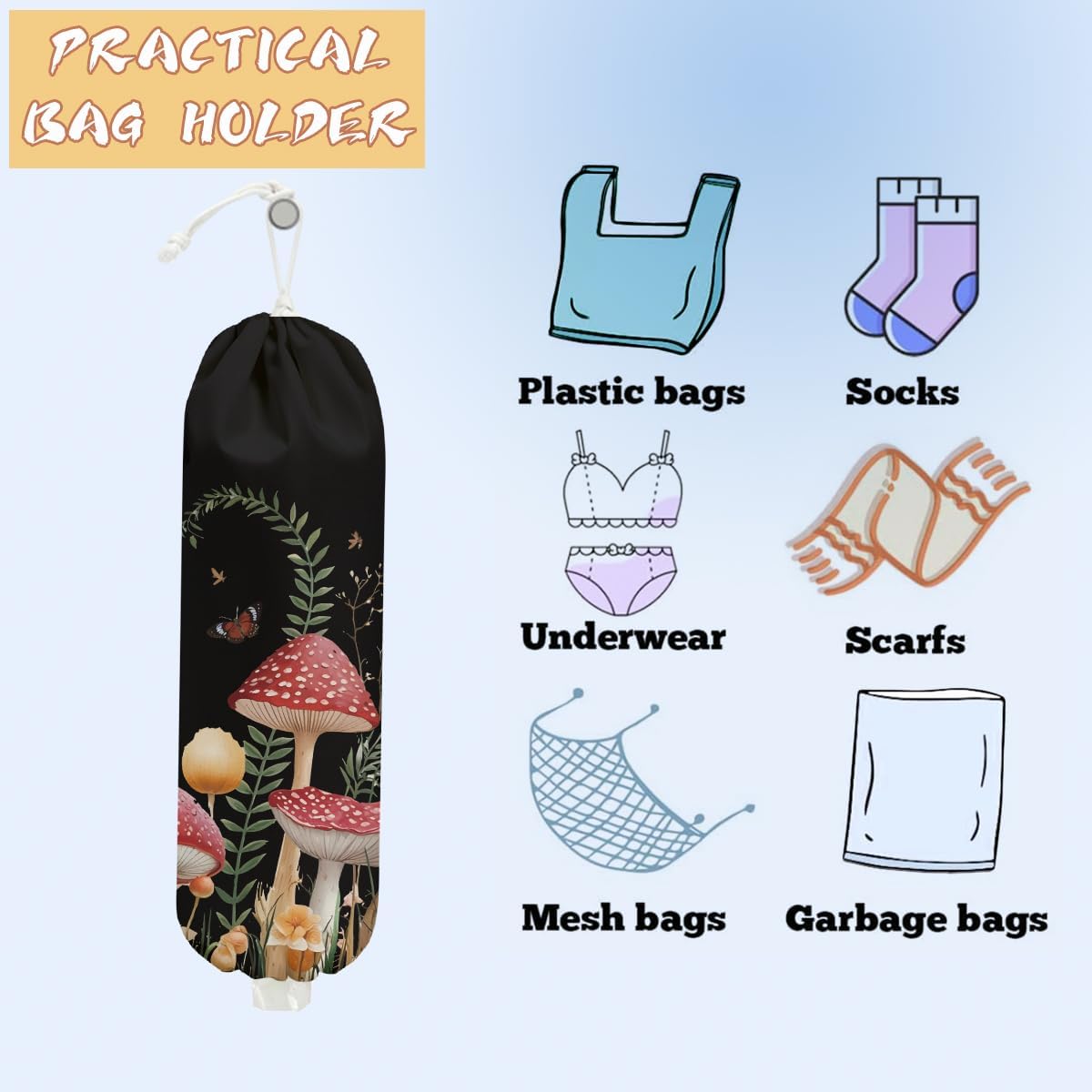 Mushroom Plastic Bag Holder, Christmas Butterfly Gifts for Women Mom Sister | Wall Mount Grocery Bag Holder for Plastic Storage bag, Storage Organizer Reusable Grocery Bags, Pull Rope Free Adjustment