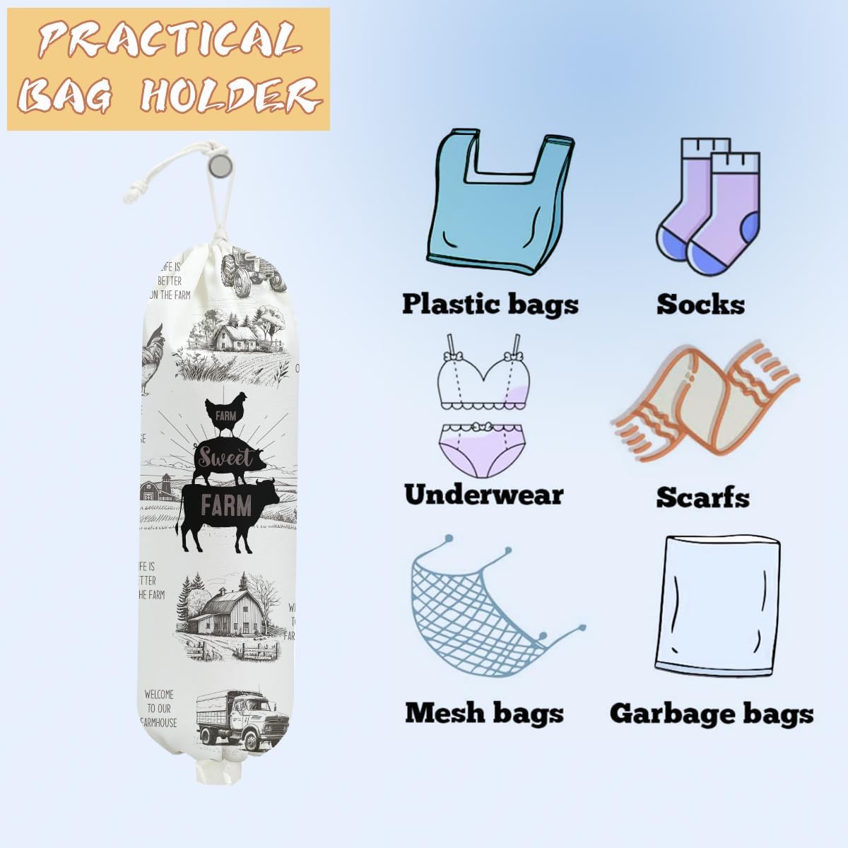 Mushroom Plastic Bag Holder, Christmas Butterfly Gifts for Women Mom Sister | Wall Mount Grocery Bag Holder for Plastic Storage bag, Storage Organizer Reusable Grocery Bags, Pull Rope Free Adjustment