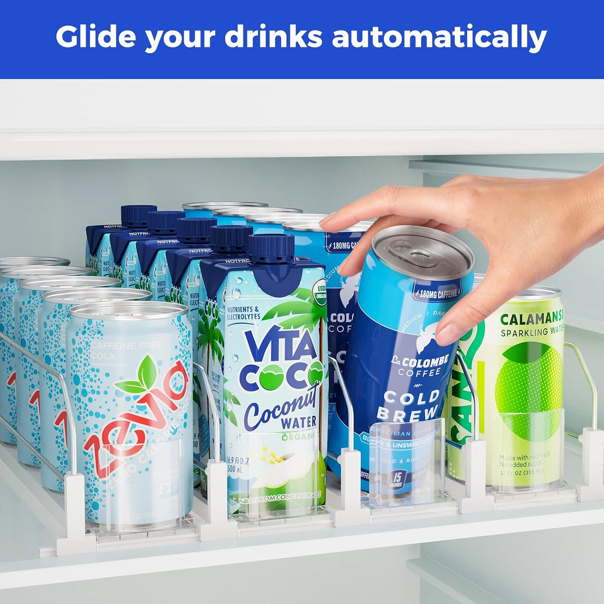 Drink Organizer for Fridge, Soda Can Organizer -2 Rows, White