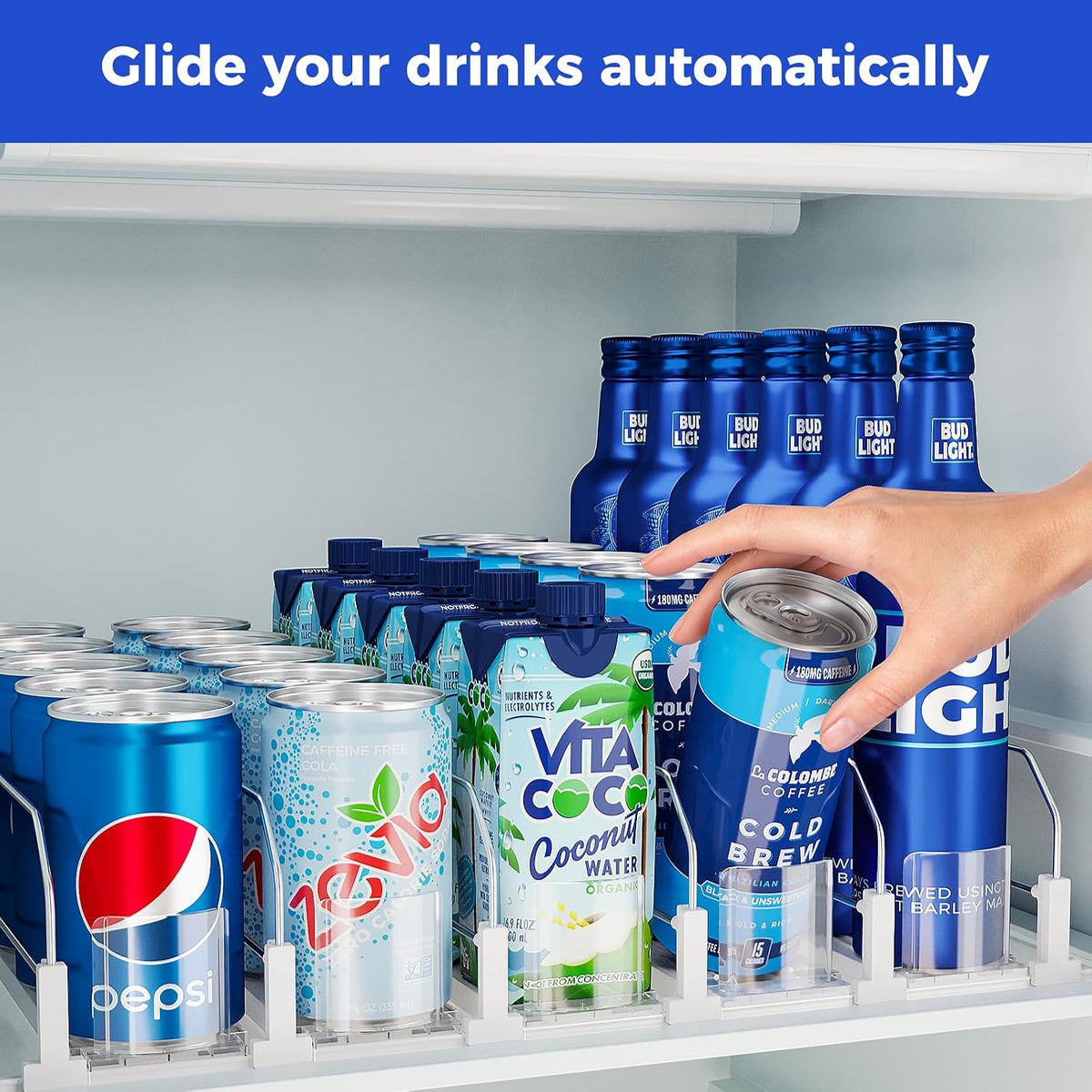 Drink Organizer for Fridge, Soda Can Organizer -2 Rows, White