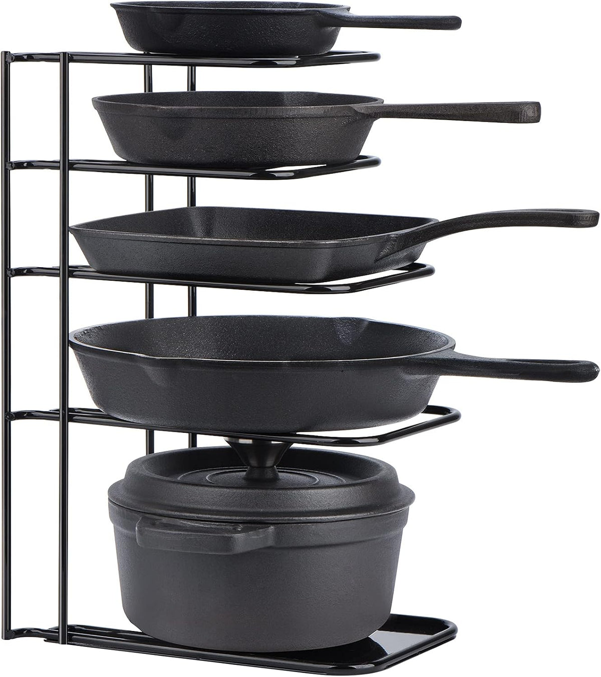 Heavy Duty Pan Organizer, 5 Tier Pot and Pan Organizer Rack for Cast Iron Skillets, Griddles and Pots - Sturdy Steel Construction- No Assembly Required - Black