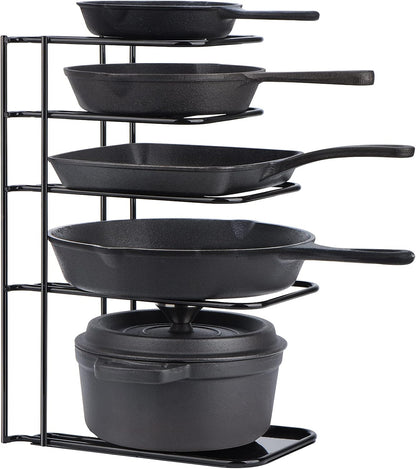 Heavy Duty Pan Organizer, 5 Tier Pot and Pan Organizer Rack for Cast Iron Skillets, Griddles and Pots - Sturdy Steel Construction- No Assembly Required - Black