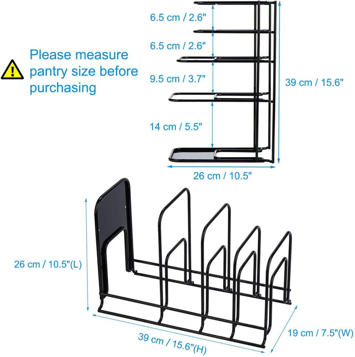 Heavy Duty Pan Organizer, 5 Tier Pot and Pan Organizer Rack for Cast Iron Skillets, Griddles and Pots - Sturdy Steel Construction- No Assembly Required - Black