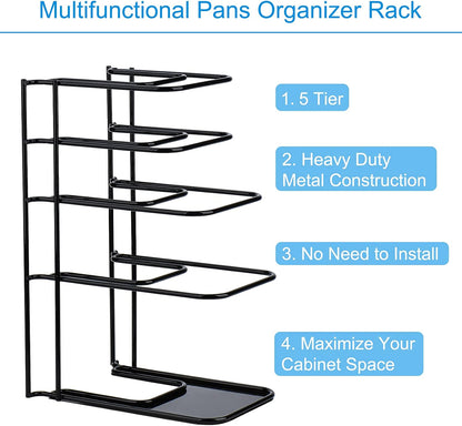 Heavy Duty Pan Organizer, 5 Tier Pot and Pan Organizer Rack for Cast Iron Skillets, Griddles and Pots - Sturdy Steel Construction- No Assembly Required - Black
