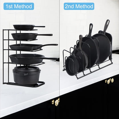 Heavy Duty Pan Organizer, 5 Tier Pot and Pan Organizer Rack for Cast Iron Skillets, Griddles and Pots - Sturdy Steel Construction- No Assembly Required - Black