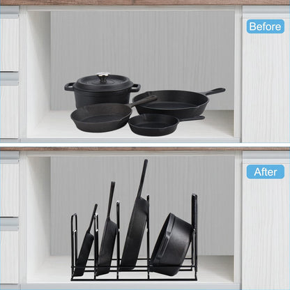 Heavy Duty Pan Organizer, 5 Tier Pot and Pan Organizer Rack for Cast Iron Skillets, Griddles and Pots - Sturdy Steel Construction- No Assembly Required - Black