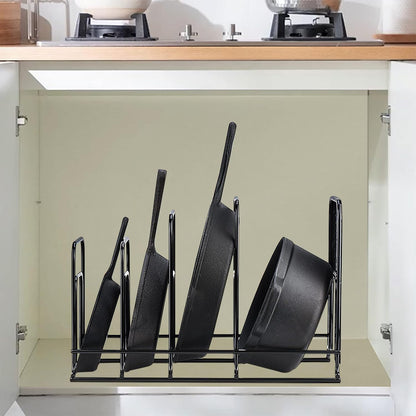Heavy Duty Pan Organizer, 5 Tier Pot and Pan Organizer Rack for Cast Iron Skillets, Griddles and Pots - Sturdy Steel Construction- No Assembly Required - Black