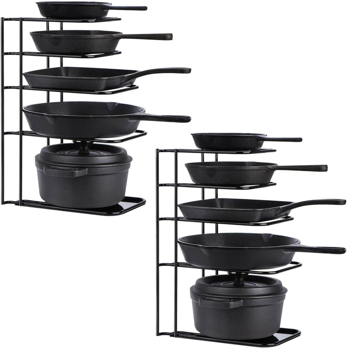 Heavy Duty Pan Organizer, 5 Tier Pot and Pan Organizer Rack for Cast Iron Skillets, Griddles and Pots - Sturdy Steel Construction- No Assembly Required - Black