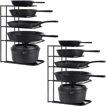 Heavy Duty Pan Organizer, 5 Tier Pot and Pan Organizer Rack for Cast Iron Skillets, Griddles and Pots - Sturdy Steel Construction- No Assembly Required - Black