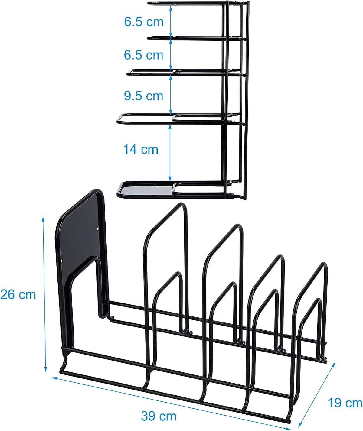 Heavy Duty Pan Organizer, 5 Tier Pot and Pan Organizer Rack for Cast Iron Skillets, Griddles and Pots - Sturdy Steel Construction- No Assembly Required - Black