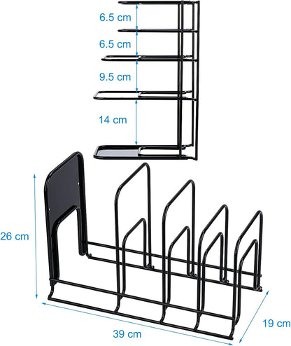 Heavy Duty Pan Organizer, 5 Tier Pot and Pan Organizer Rack for Cast Iron Skillets, Griddles and Pots - Sturdy Steel Construction- No Assembly Required - Black