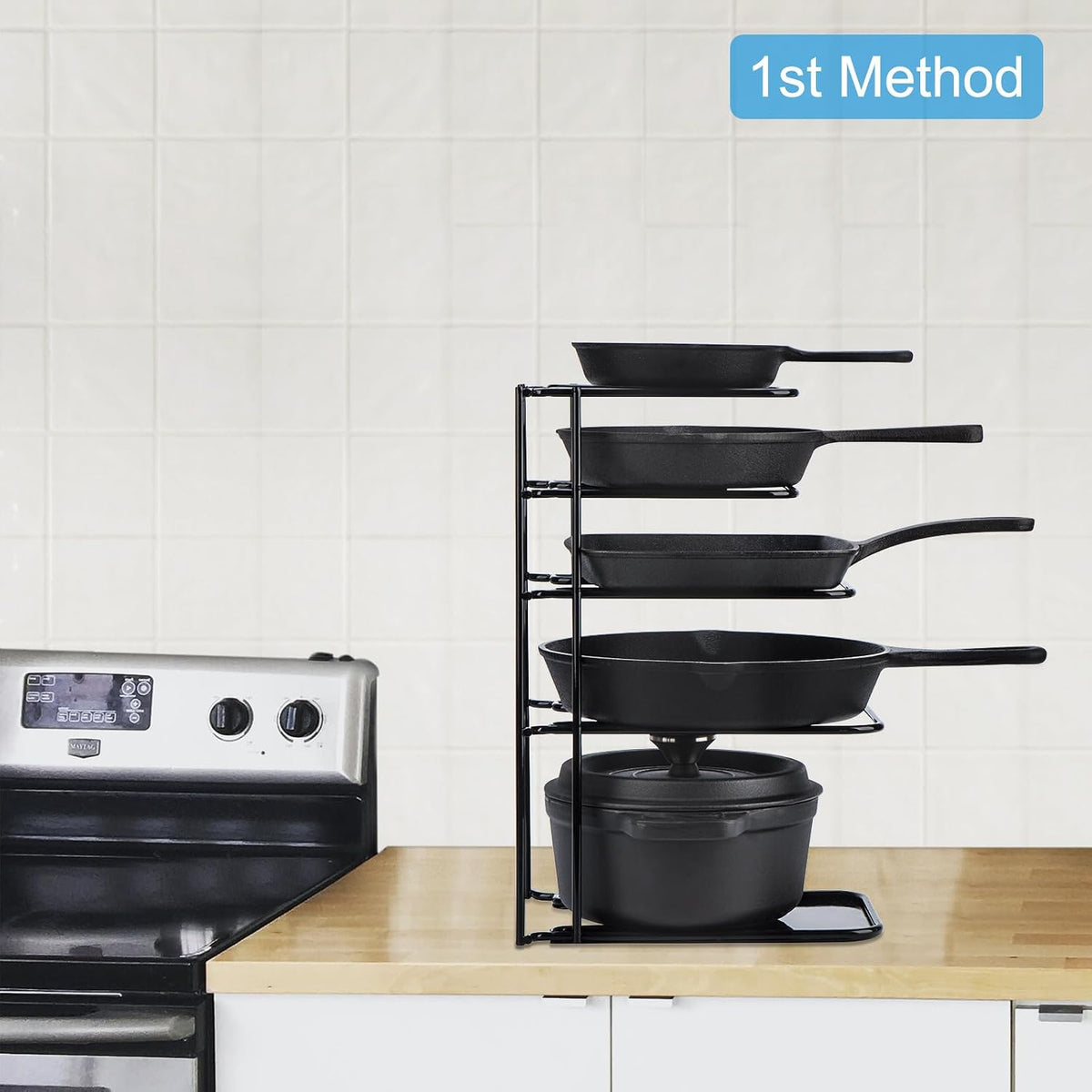 Heavy Duty Pan Organizer, 5 Tier Pot and Pan Organizer Rack for Cast Iron Skillets, Griddles and Pots - Sturdy Steel Construction- No Assembly Required - Black