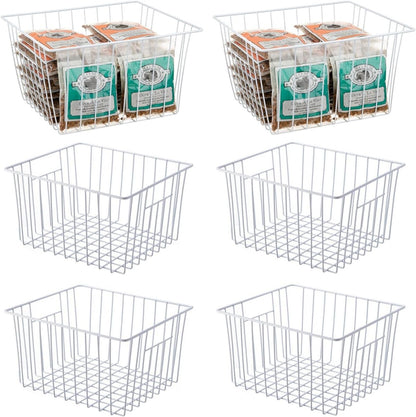 16" Upright Freezer Organizer Baskets, Wire Storage Bins Large Bakset for Freezer, Pantry, Kitchen, Bathroom Organizing, White, Set of 6