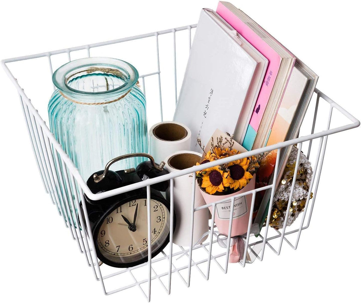 16" Upright Freezer Organizer Baskets, Wire Storage Bins Large Bakset for Freezer, Pantry, Kitchen, Bathroom Organizing, White, Set of 6
