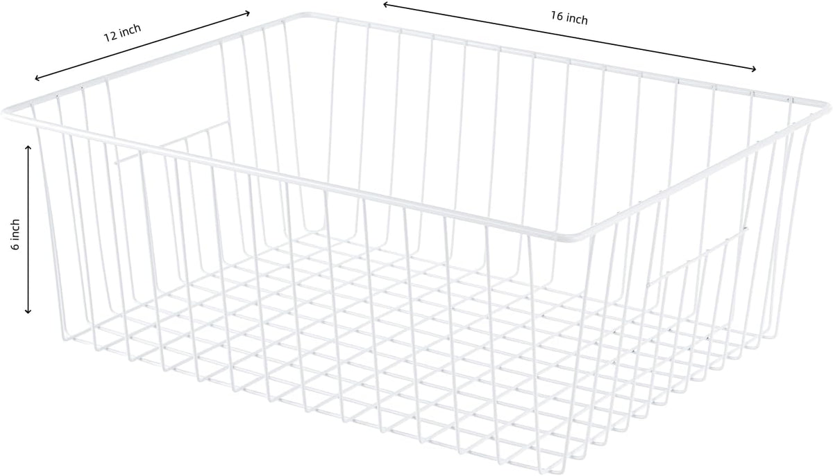 16" Upright Freezer Organizer Baskets, Wire Storage Bins Large Bakset for Freezer, Pantry, Kitchen, Bathroom Organizing, White, Set of 6