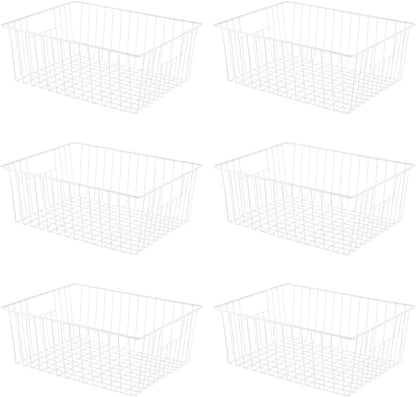 16" Upright Freezer Organizer Baskets, Wire Storage Bins Large Bakset for Freezer, Pantry, Kitchen, Bathroom Organizing, White, Set of 6