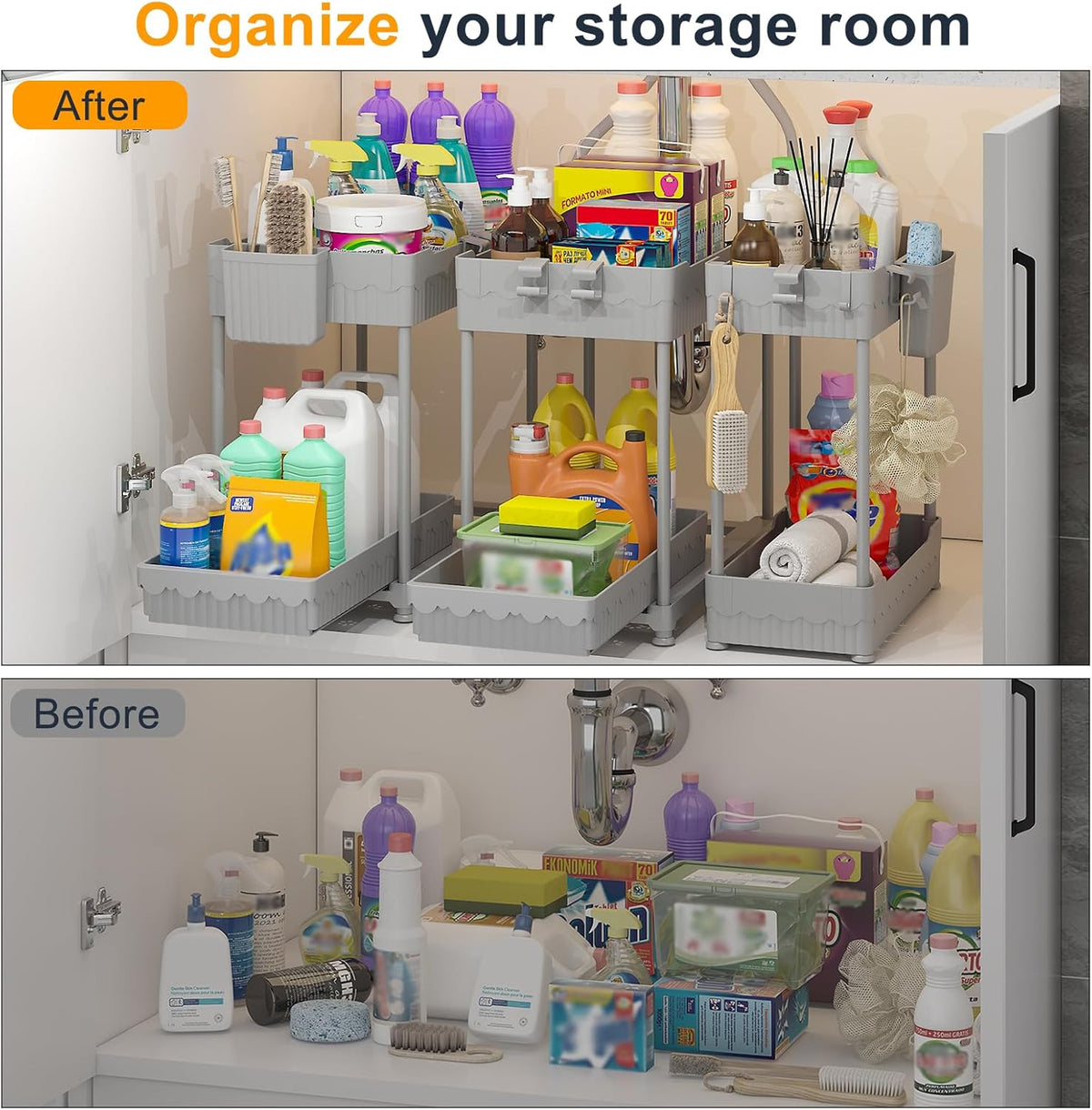 3-Pack 2-Tier Under Sink Organizers with Sliding Drawers | Multi-use kitchen & bathroom storage, 12.8 inch black cabinet organizer, space-saving sliding drawer design.