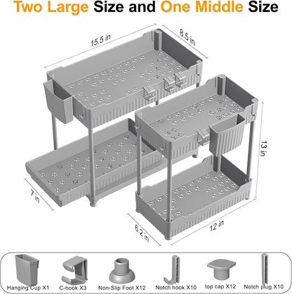 3-Pack 2-Tier Under Sink Organizers with Sliding Drawers | Multi-use kitchen & bathroom storage, 12.8 inch black cabinet organizer, space-saving sliding drawer design.