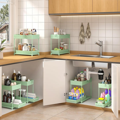 3-Pack 2-Tier Under Sink Organizers with Sliding Drawers | Multi-use kitchen & bathroom storage, 12.8 inch black cabinet organizer, space-saving sliding drawer design.