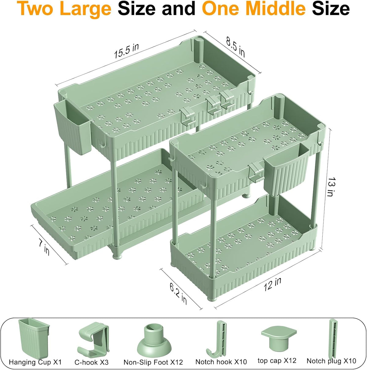 3-Pack 2-Tier Under Sink Organizers with Sliding Drawers | Multi-use kitchen & bathroom storage, 12.8 inch black cabinet organizer, space-saving sliding drawer design.
