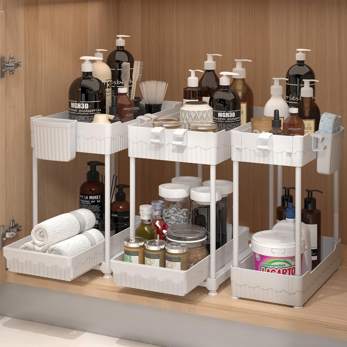 3-Pack 2-Tier Under Sink Organizers with Sliding Drawers | Multi-use kitchen & bathroom storage, 12.8 inch black cabinet organizer, space-saving sliding drawer design.