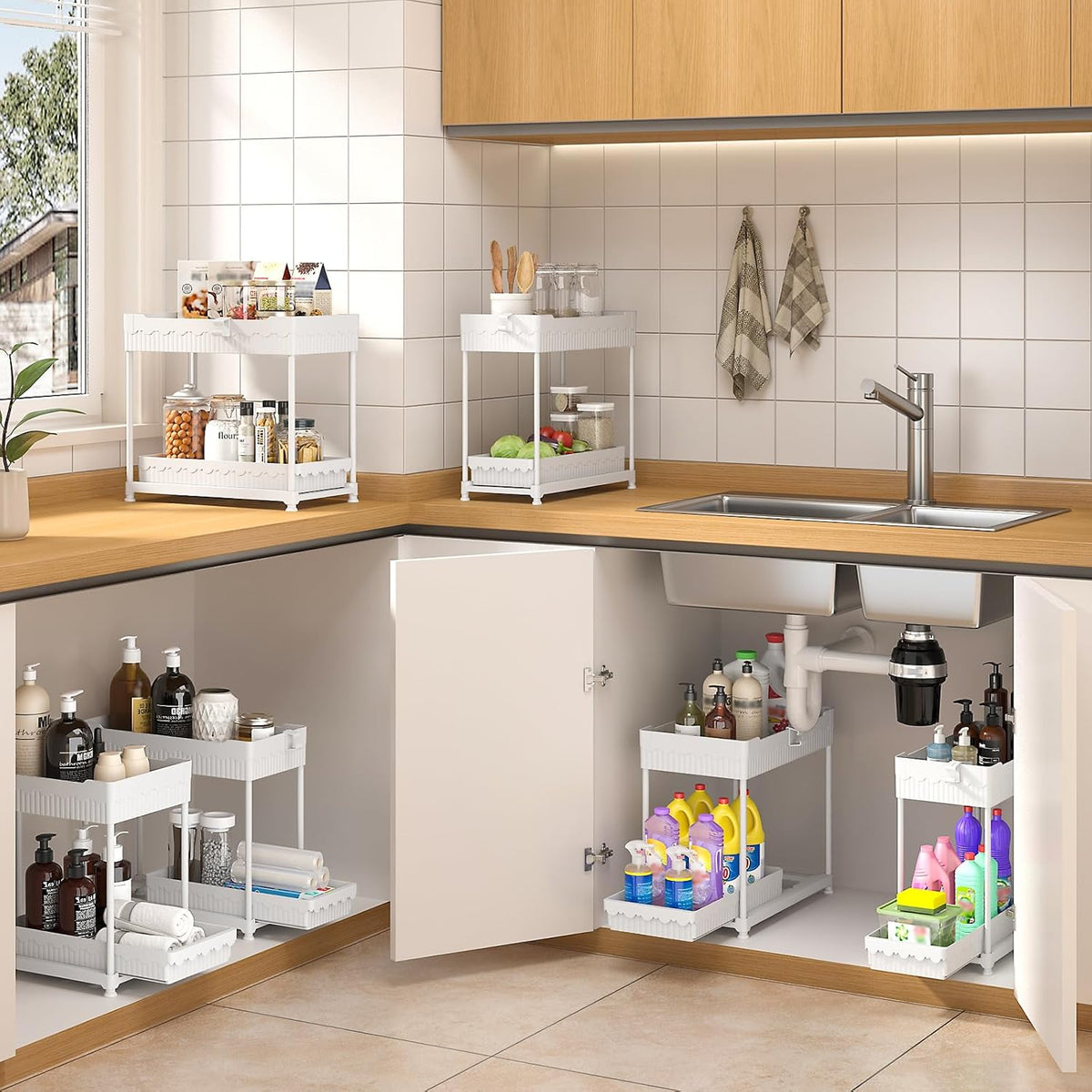 3-Pack 2-Tier Under Sink Organizers with Sliding Drawers | Multi-use kitchen & bathroom storage, 12.8 inch black cabinet organizer, space-saving sliding drawer design.