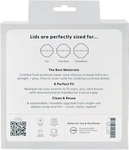 W&P Reusable Silicone Stretch Lid, Set of 6 Circular Lids, Dishwasher Safe, Freezer Safe, LFGB/Premium Materials, Microwave Safe, Clear