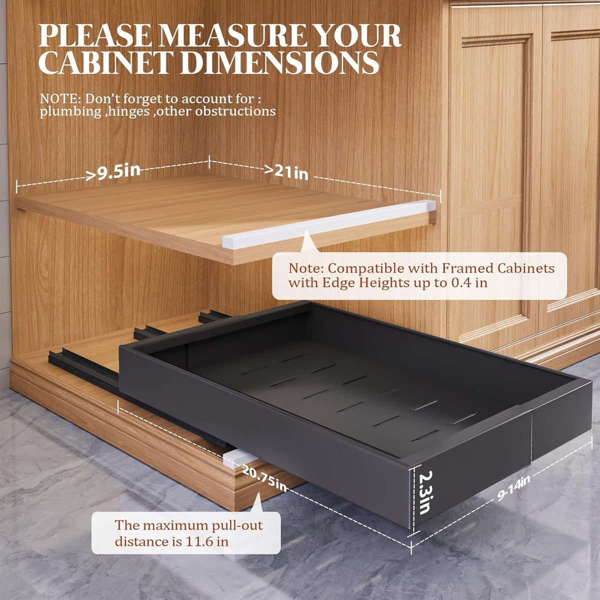 Expandable Pull Out Cabinet Organizer 21"Deep With Raising Pad for Framed Cabinets,Upgrade 3 Slide Rails Slide Out Drawers,No Drill Roll Out Shelves,Adjustable Width 12.1"-20.4" White