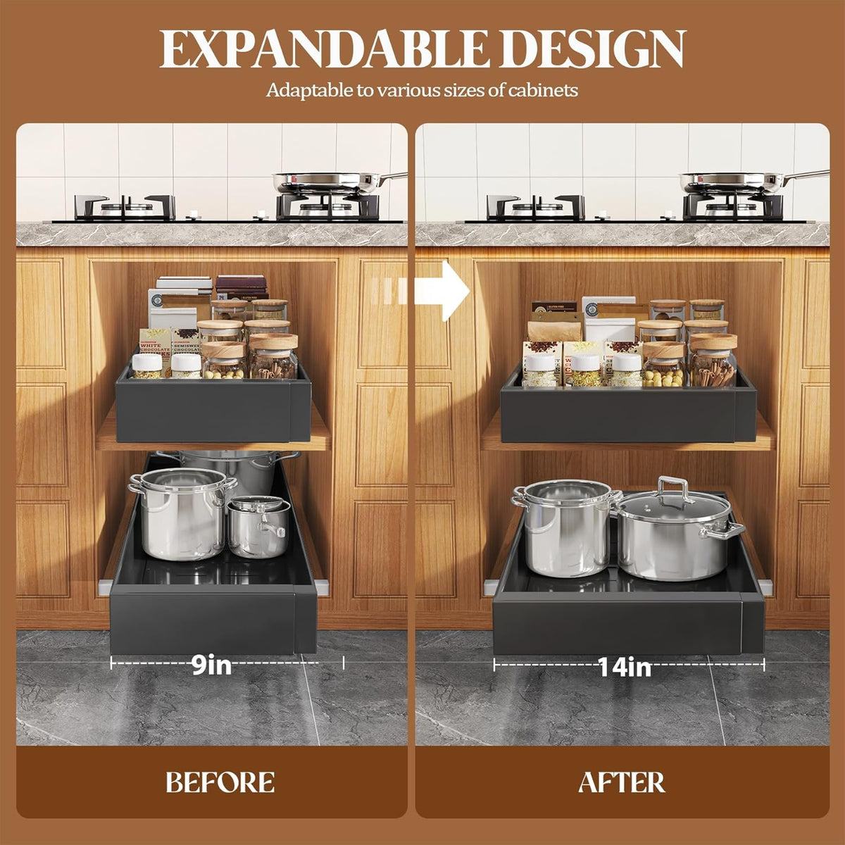 Expandable Pull Out Cabinet Organizer 21"Deep With Raising Pad for Framed Cabinets,Upgrade 3 Slide Rails Slide Out Drawers,No Drill Roll Out Shelves,Adjustable Width 12.1"-20.4" White