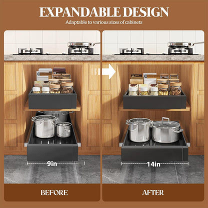 Expandable Pull Out Cabinet Organizer 21"Deep With Raising Pad for Framed Cabinets,Upgrade 3 Slide Rails Slide Out Drawers,No Drill Roll Out Shelves,Adjustable Width 12.1"-20.4" White