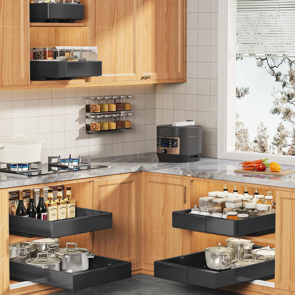 Expandable Pull Out Cabinet Organizer 21"Deep With Raising Pad for Framed Cabinets,Upgrade 3 Slide Rails Slide Out Drawers,No Drill Roll Out Shelves,Adjustable Width 12.1"-20.4" White