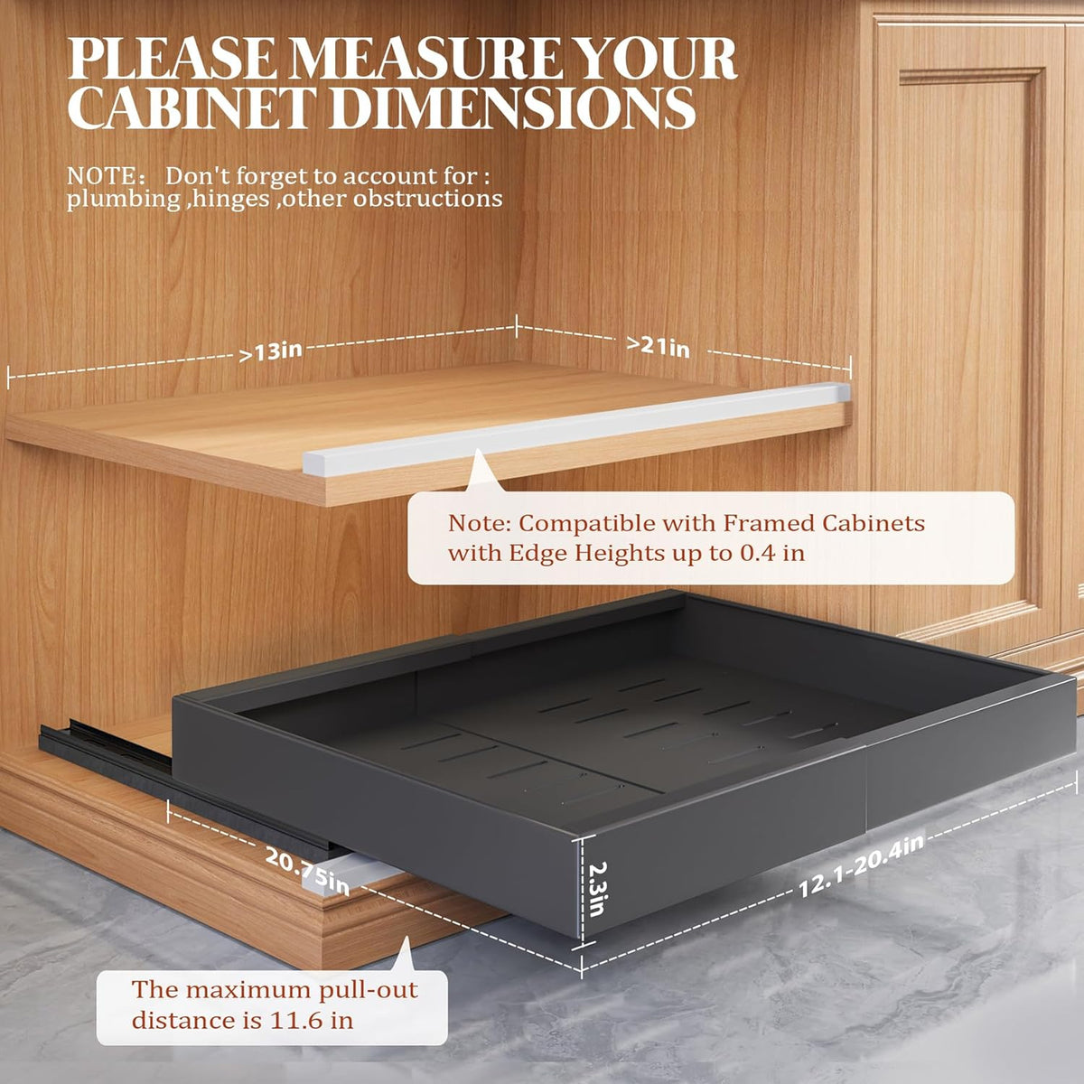 Expandable Pull Out Cabinet Organizer 21"Deep With Raising Pad for Framed Cabinets,Upgrade 3 Slide Rails Slide Out Drawers,No Drill Roll Out Shelves,Adjustable Width 12.1"-20.4" White