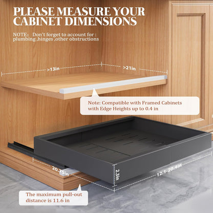 Expandable Pull Out Cabinet Organizer 21"Deep With Raising Pad for Framed Cabinets,Upgrade 3 Slide Rails Slide Out Drawers,No Drill Roll Out Shelves,Adjustable Width 12.1"-20.4" White