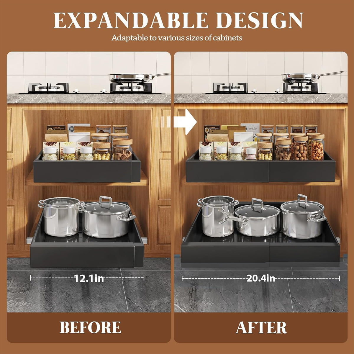 Expandable Pull Out Cabinet Organizer 21"Deep With Raising Pad for Framed Cabinets,Upgrade 3 Slide Rails Slide Out Drawers,No Drill Roll Out Shelves,Adjustable Width 12.1"-20.4" White