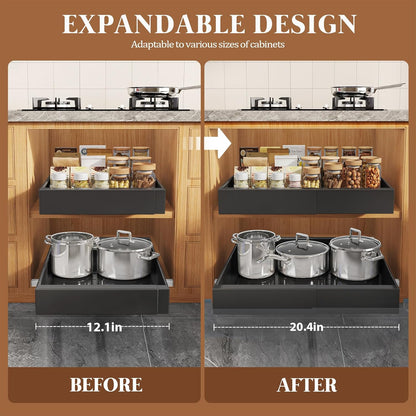 Expandable Pull Out Cabinet Organizer 21"Deep With Raising Pad for Framed Cabinets,Upgrade 3 Slide Rails Slide Out Drawers,No Drill Roll Out Shelves,Adjustable Width 12.1"-20.4" White